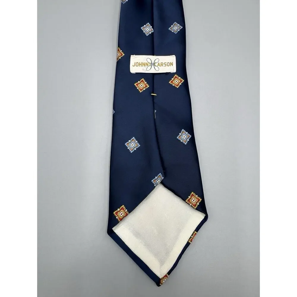 Vintage Johnny Carson Necktie Blue W/‎ Floral Geometric Designs 54” Total Length